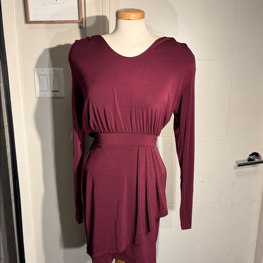 Elegant Rouched Burgundy BCBG Long Sleeve Dress